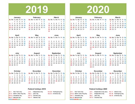 2019 Calendar 2020 Printable